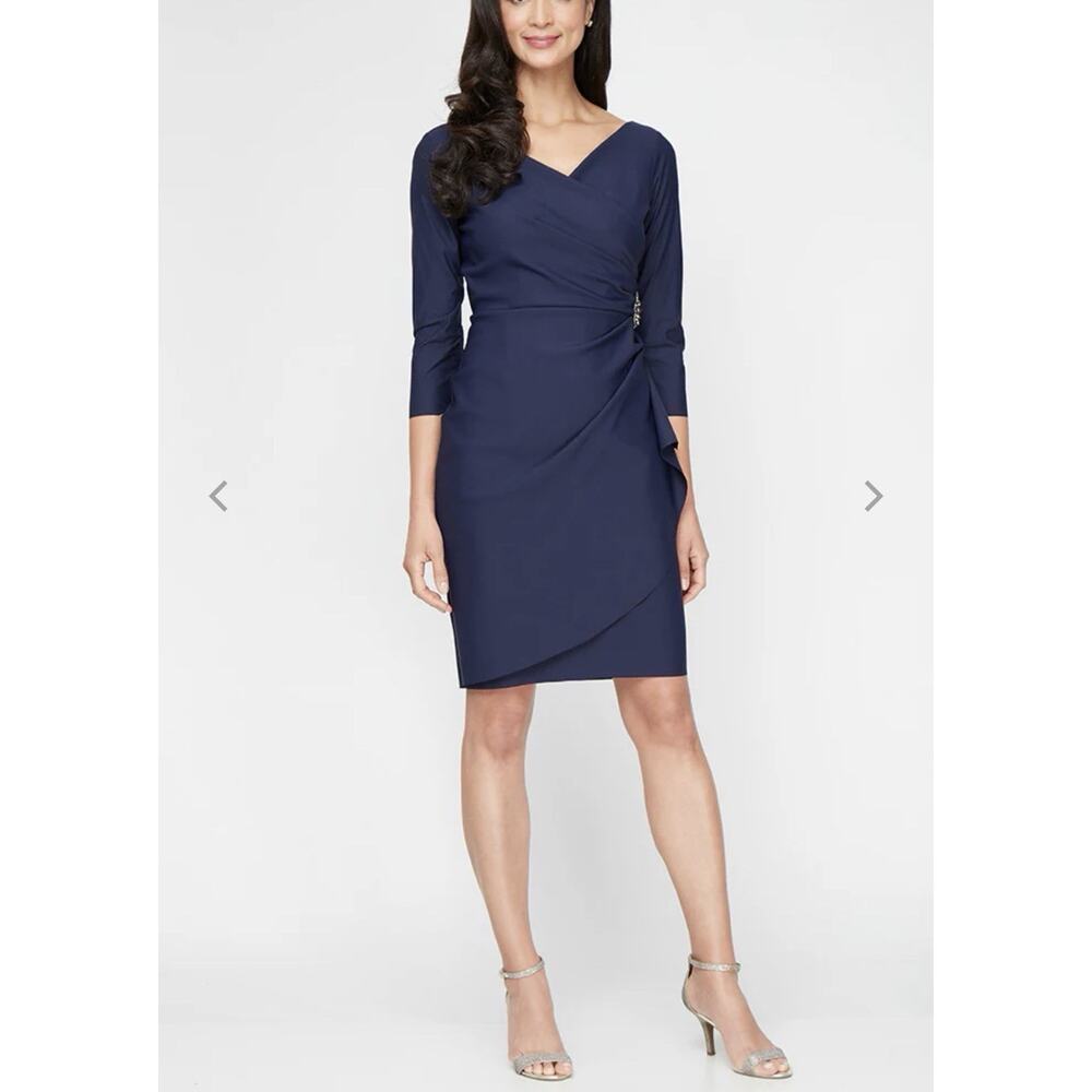 Alex Evenings Diana Cascade Ruffle Cocktail Party Dress Beaded Detail Size 6 Blu